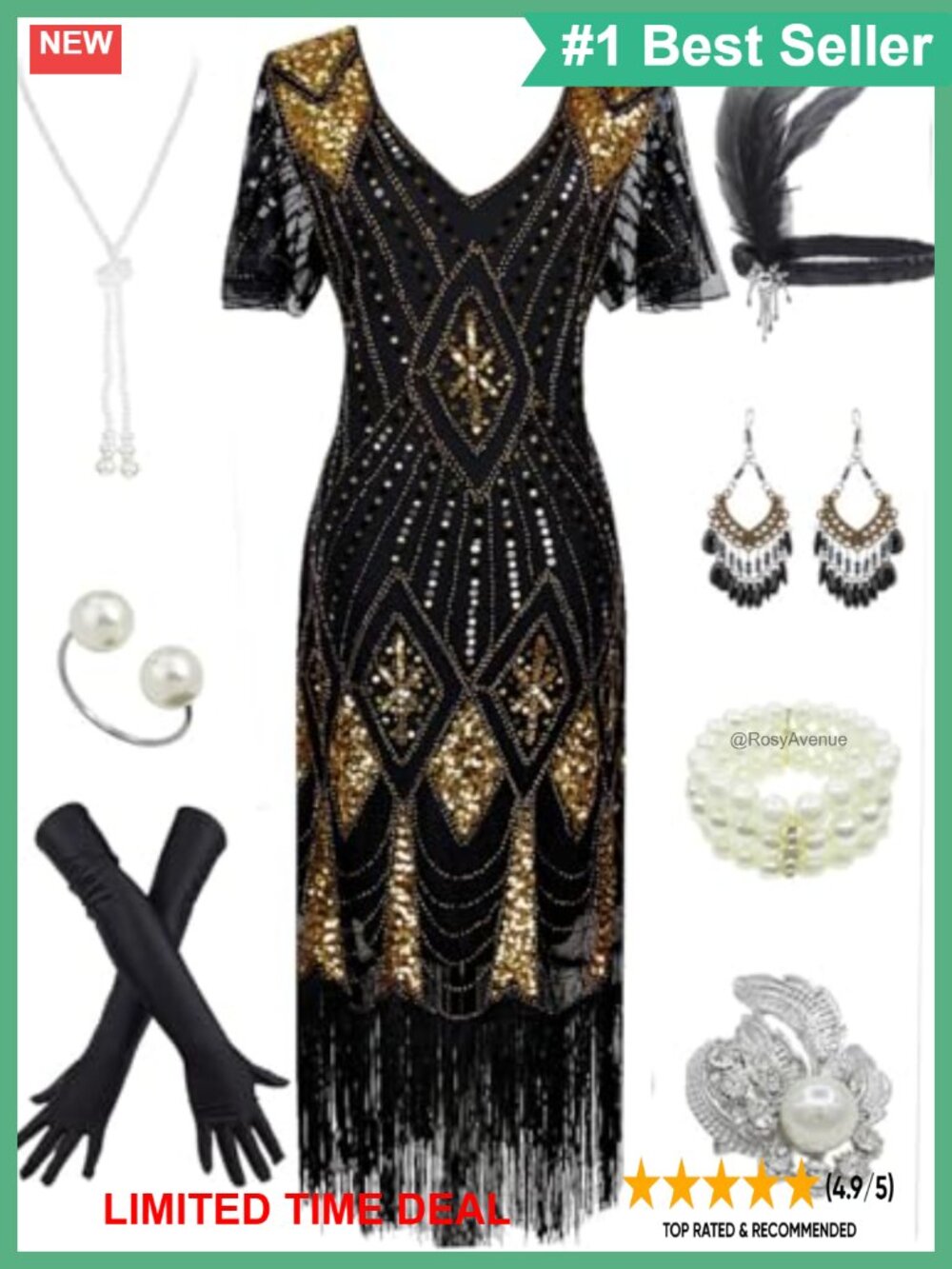 1920s Gatsby Sequin Beaded Fringe Flapper Dress Costume Set with Accessories